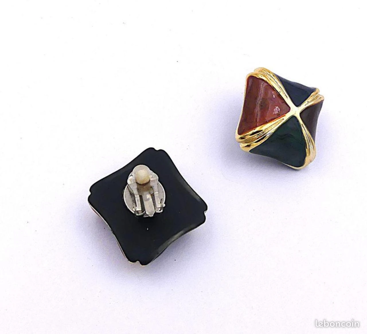 Brincos de clip vintage puro, fechos de clip, metal dourado e esmalte – photo 2